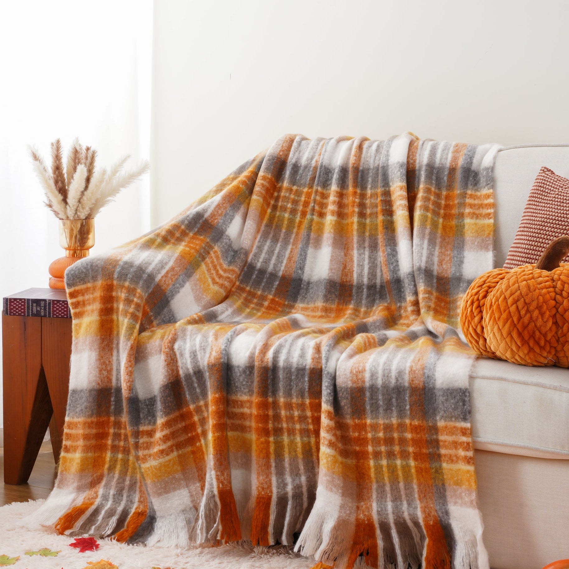 Yellow Mohair Plaid Blanket