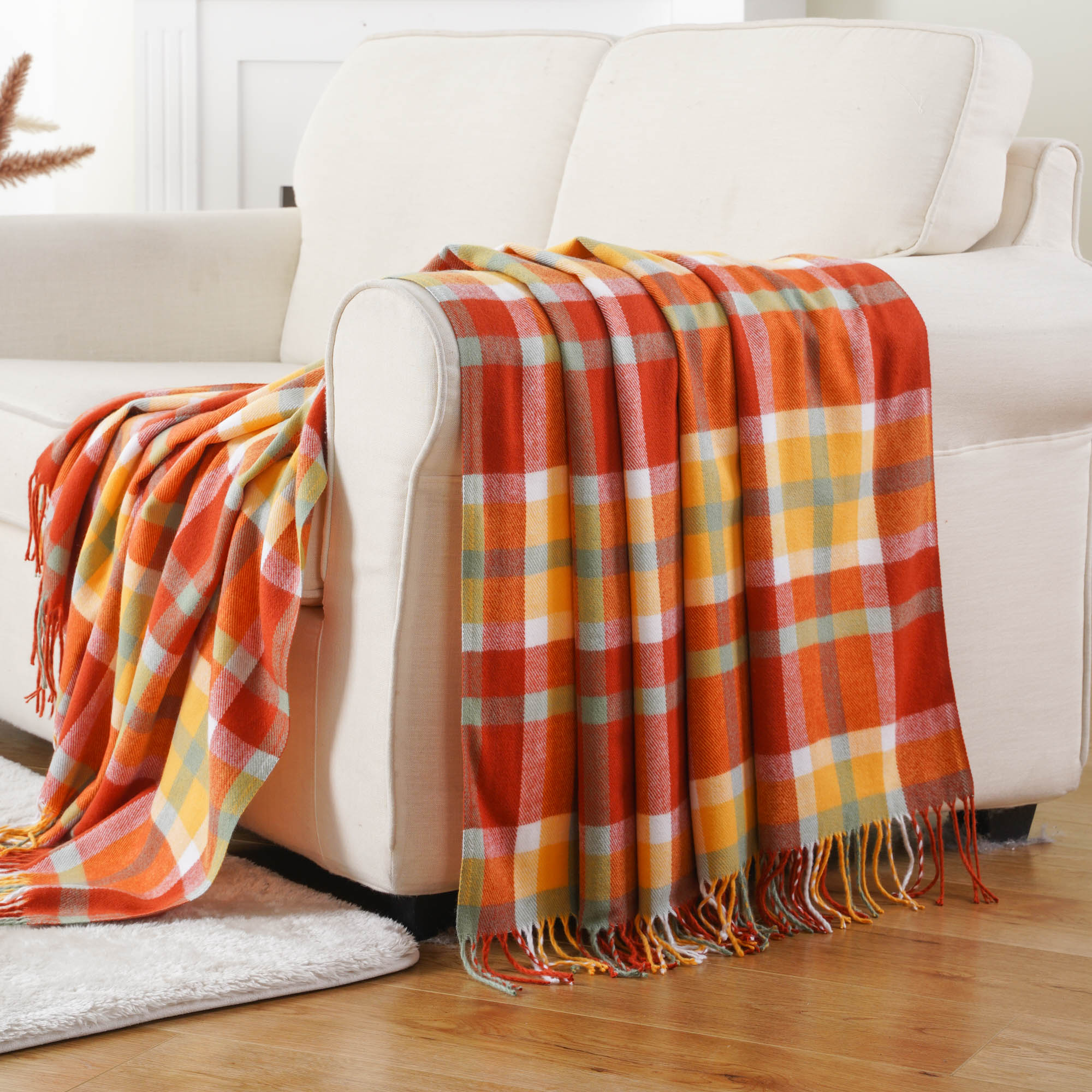 Orange-Red Plaid Throw