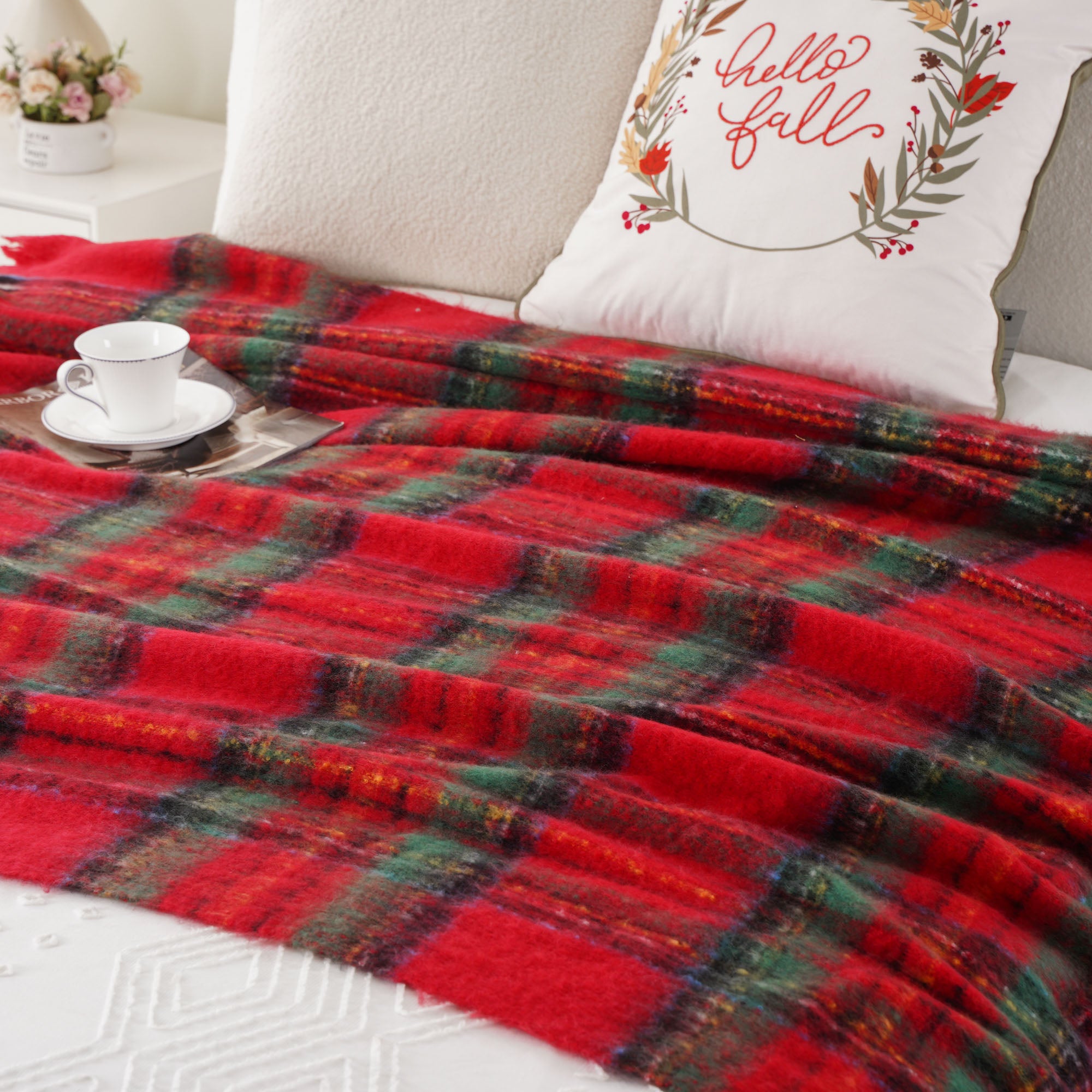 Christmas-Red Mohair Plaid Blanket