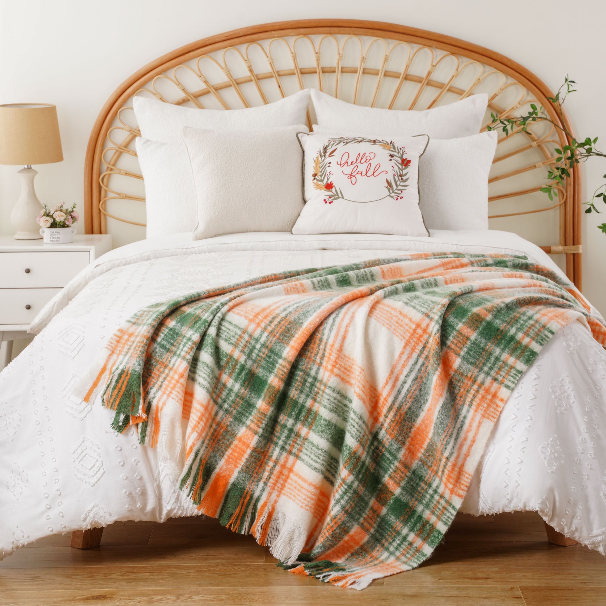 Green-Orange Mohair Plaid Blanket