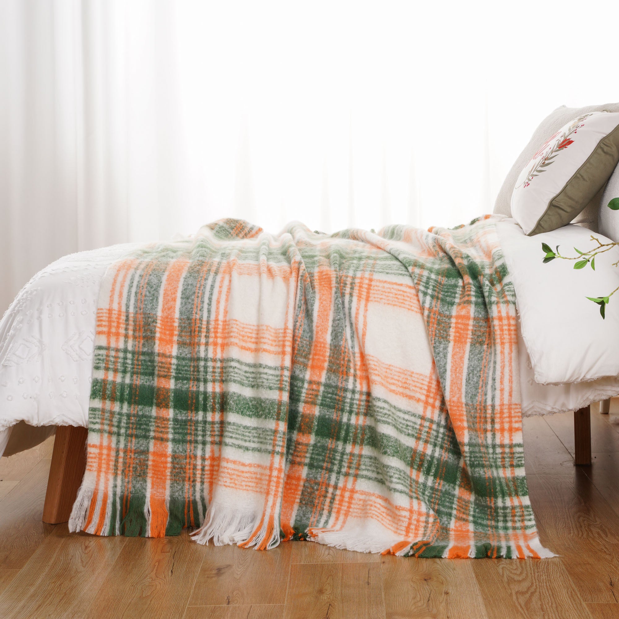 Green-Orange Mohair Plaid Blanket