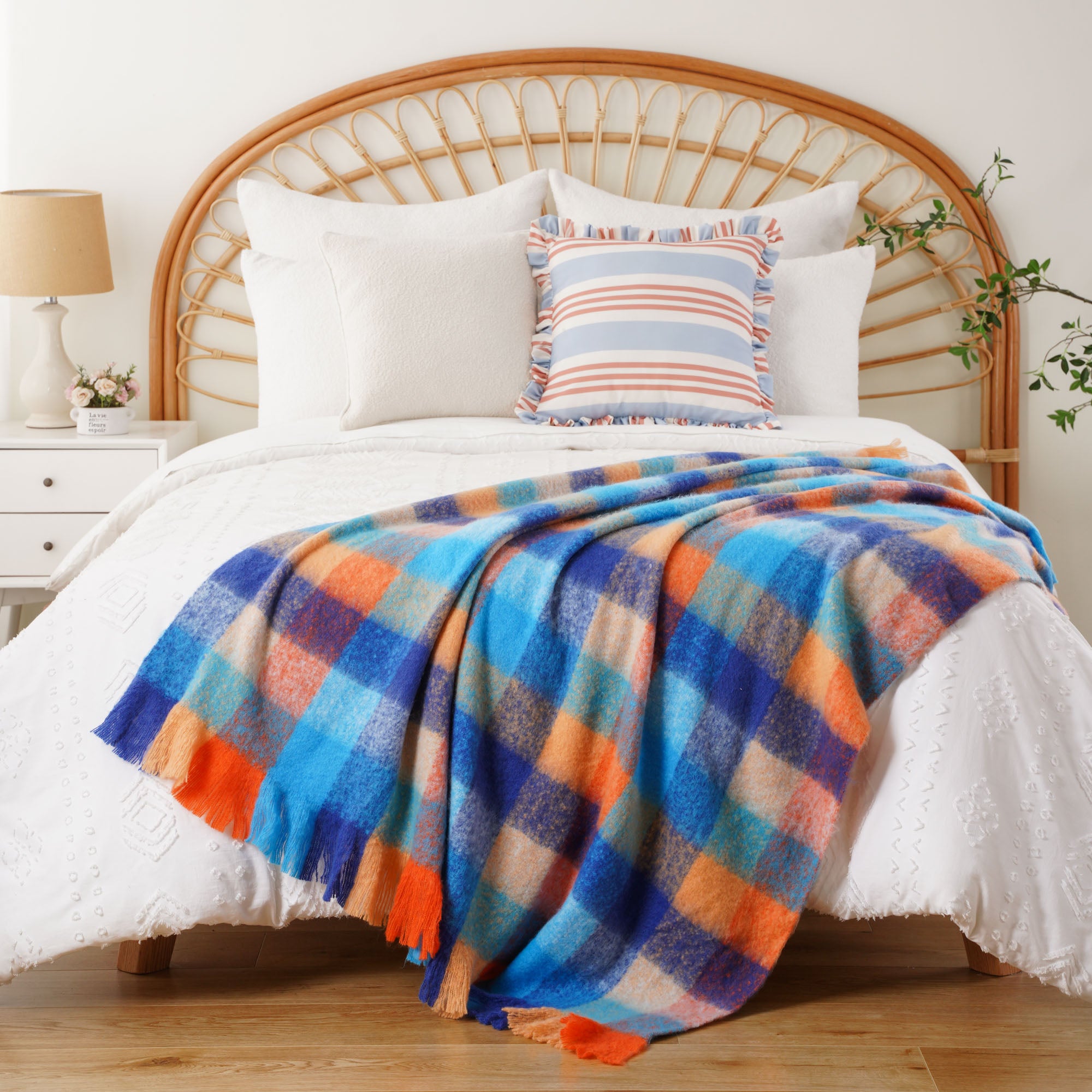 Multi-Blue Mohair Plaid Blanket