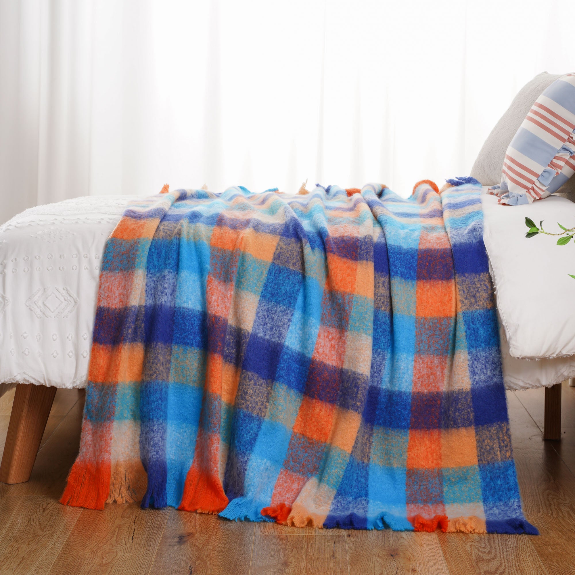 Multi-Blue Mohair Plaid Blanket