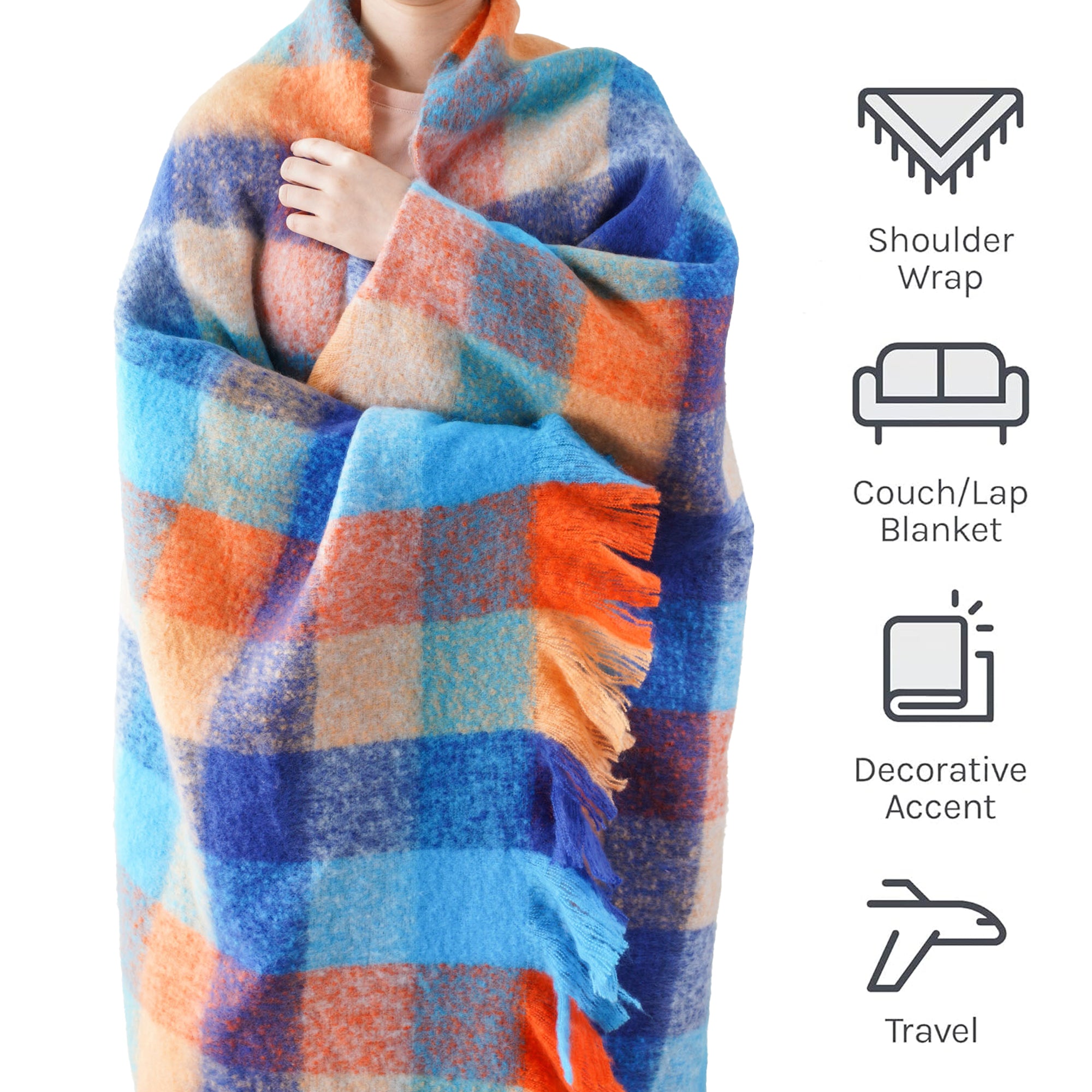 Multi-Blue Mohair Plaid Blanket