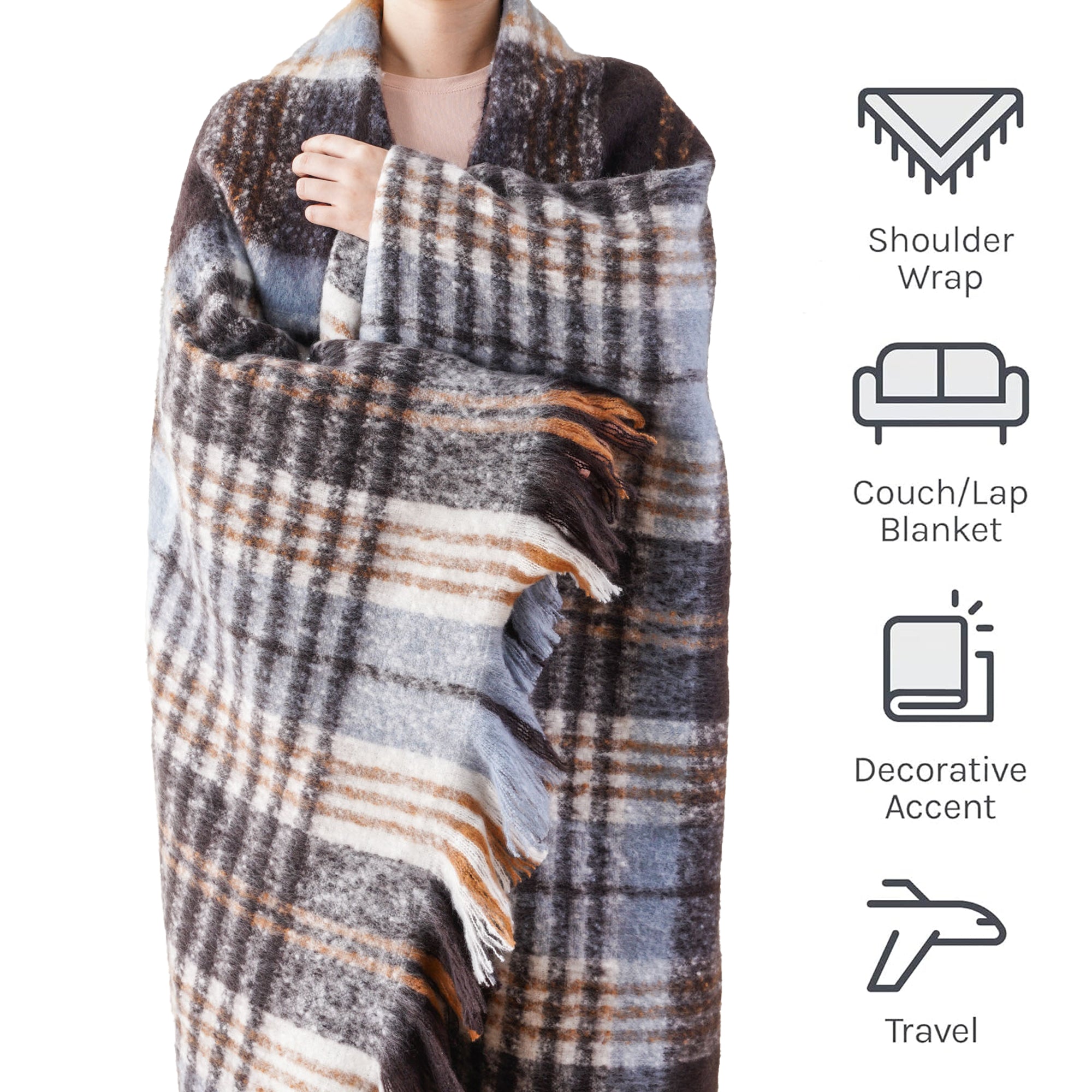 Bluish-Grey Mohair Plaid Blanket