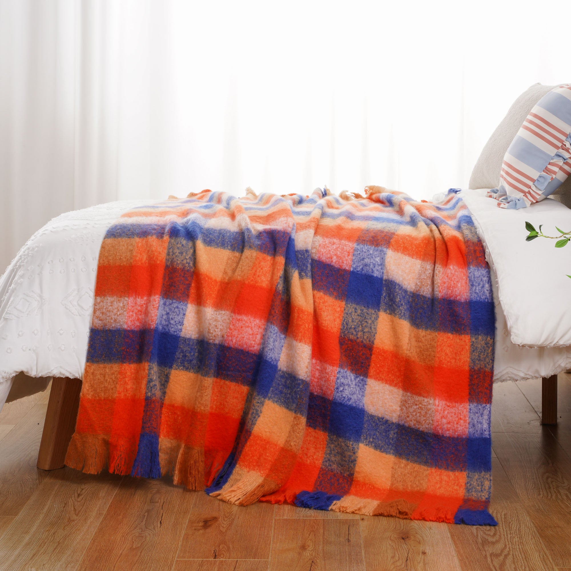 Multi-Orange Mohair Plaid Blanket