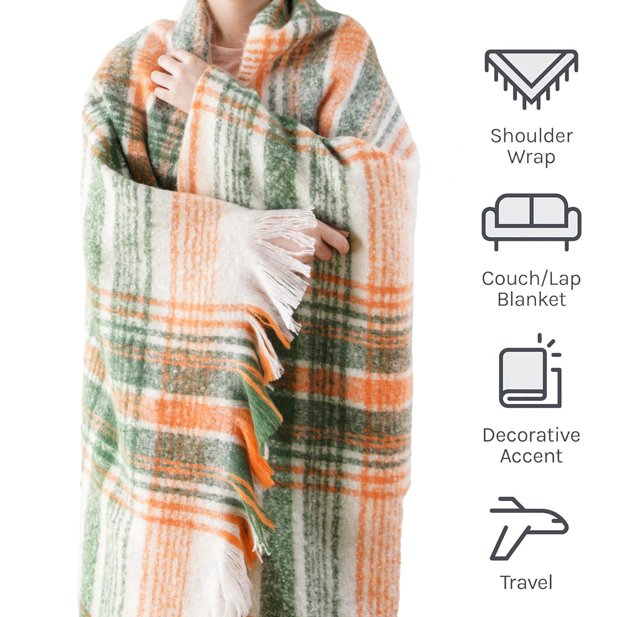 Green-Orange Mohair Plaid Blanket