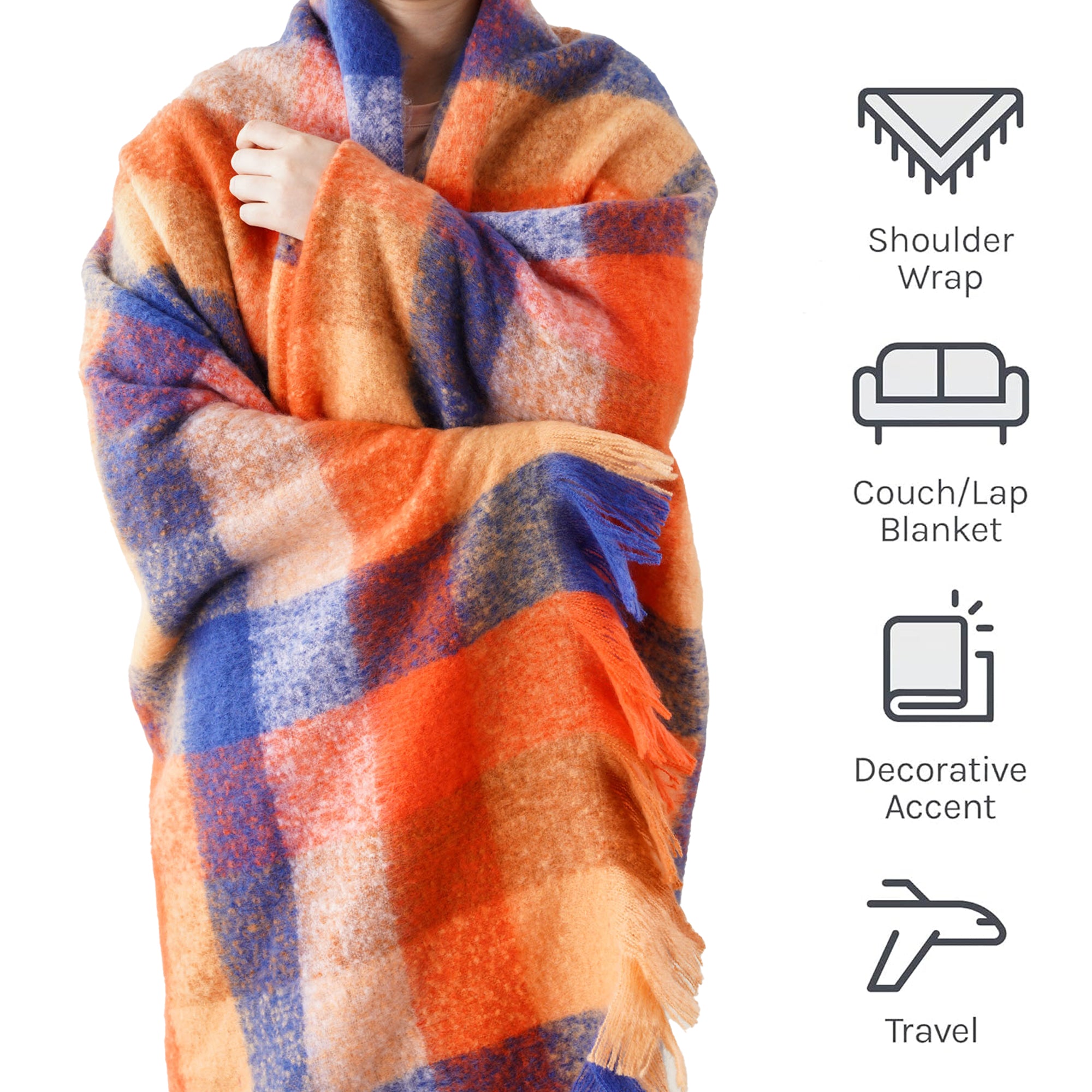 Multi-Orange Mohair Plaid Blanket