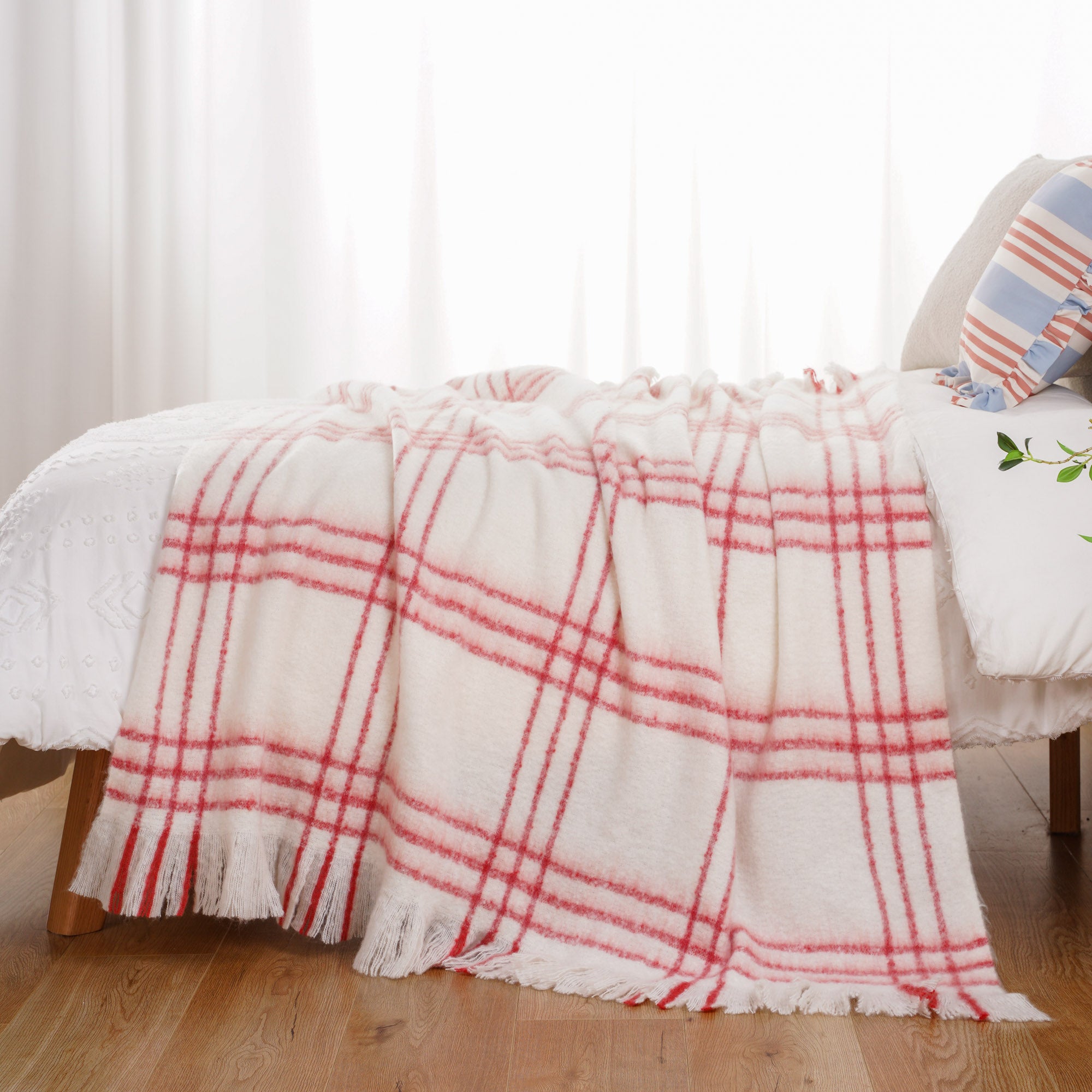 Red-Stripe Mohair Plaid Blanket