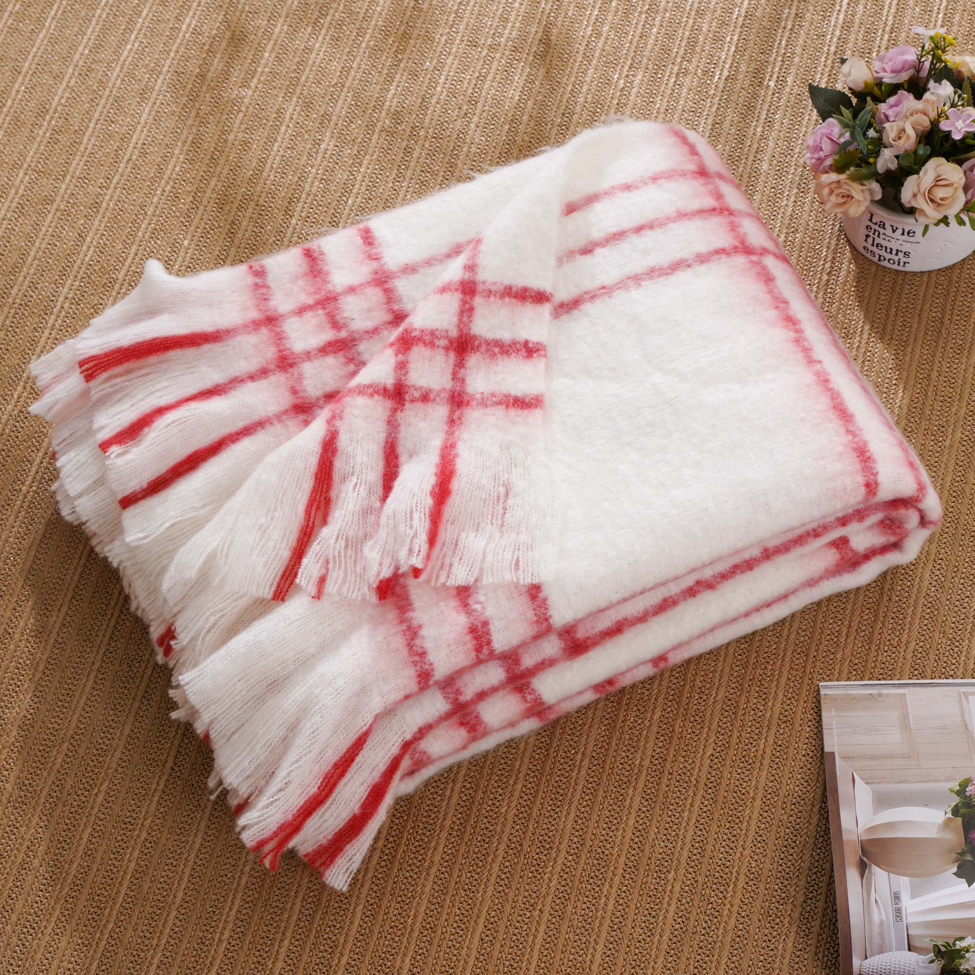Red-Stripe Mohair Plaid Blanket