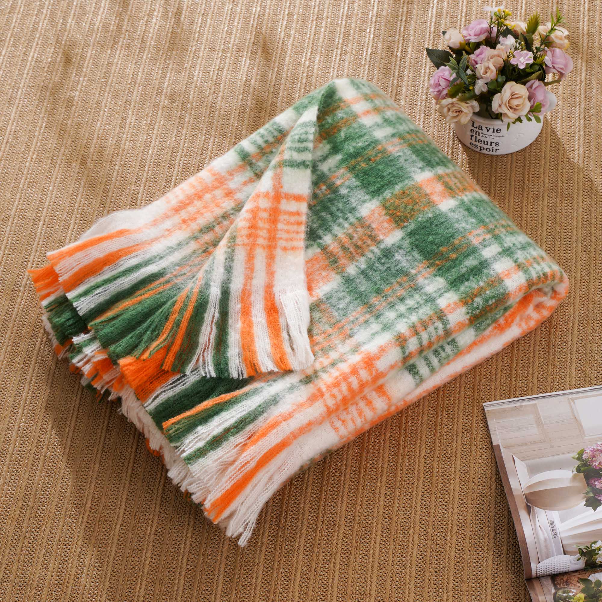 Green-Orange Mohair Plaid Blanket