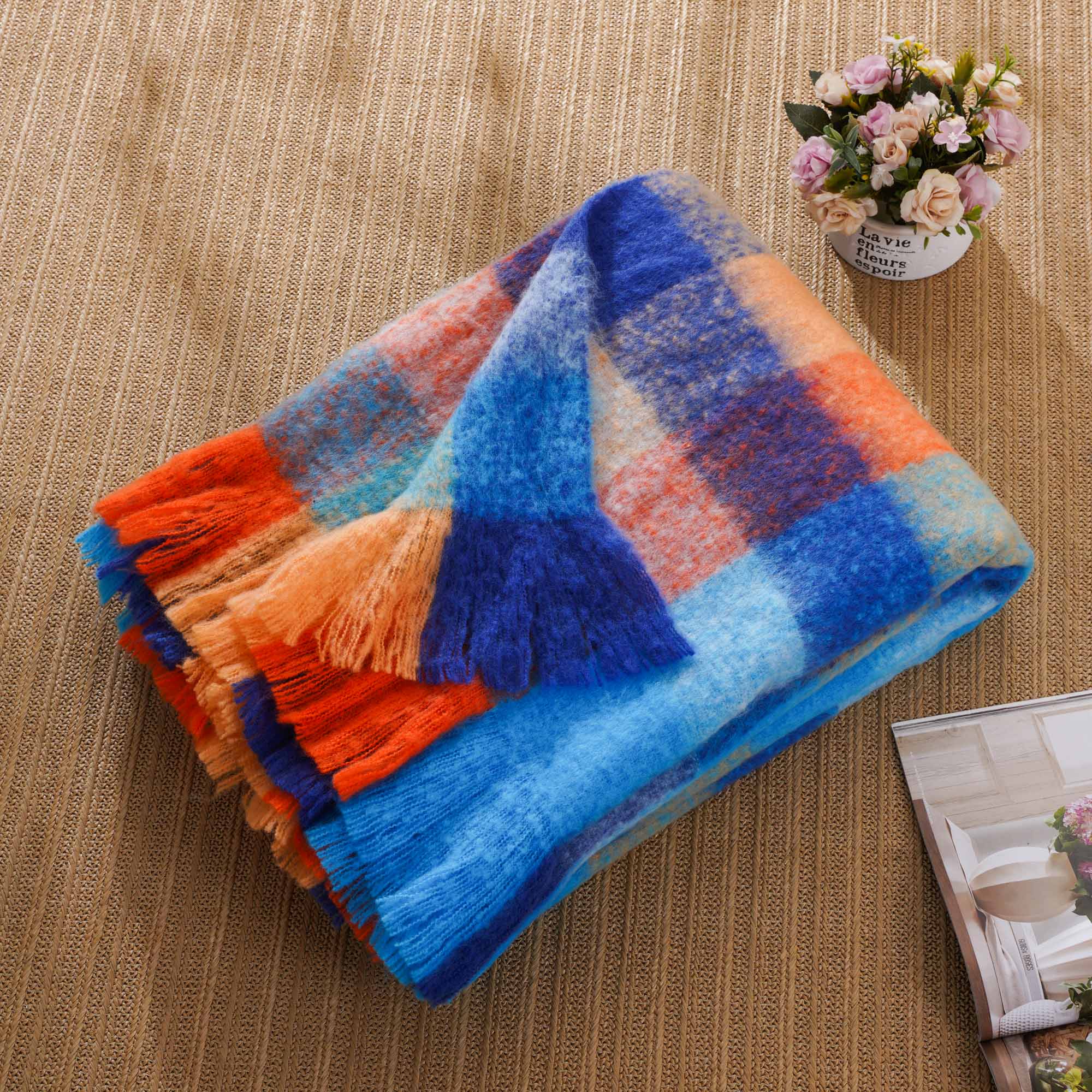 Multi-Blue Mohair Plaid Blanket
