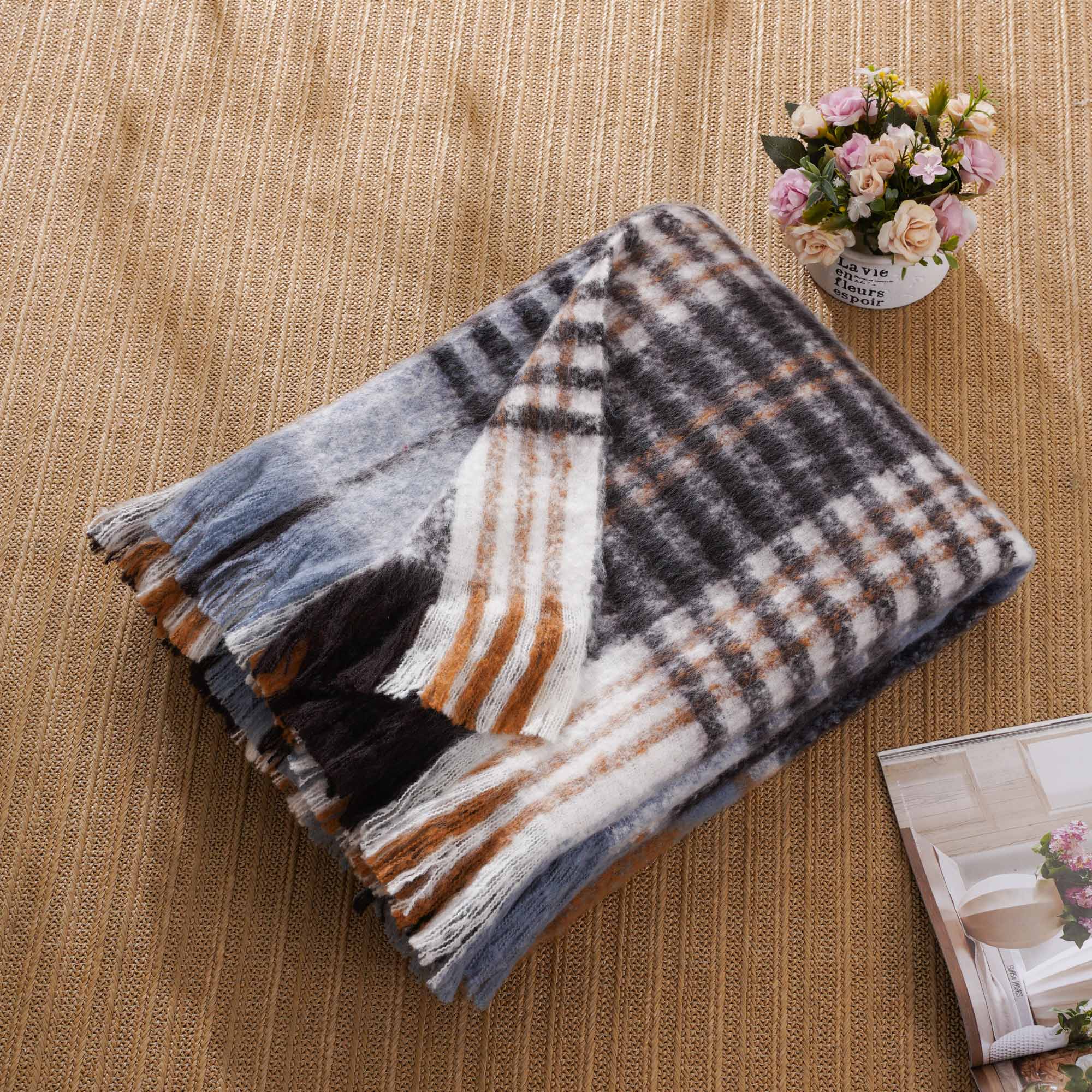 Bluish-Grey Mohair Plaid Blanket