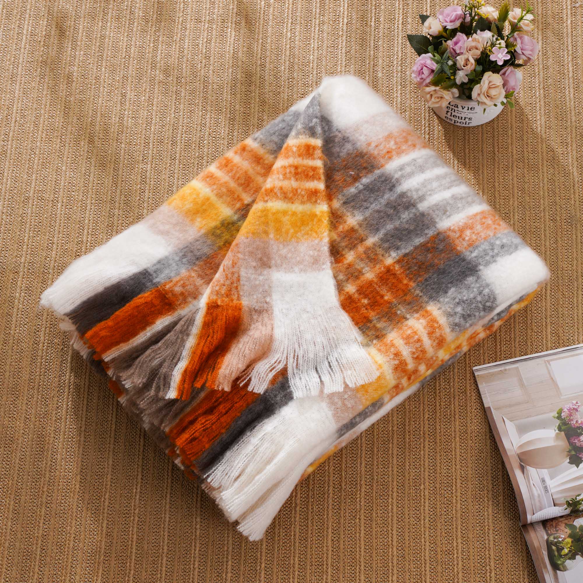 Yellow Mohair Plaid Blanket