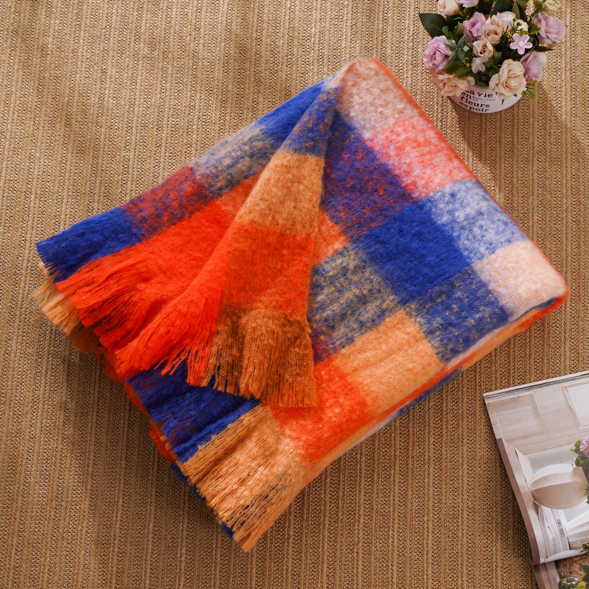 Multi-Orange Mohair Plaid Blanket