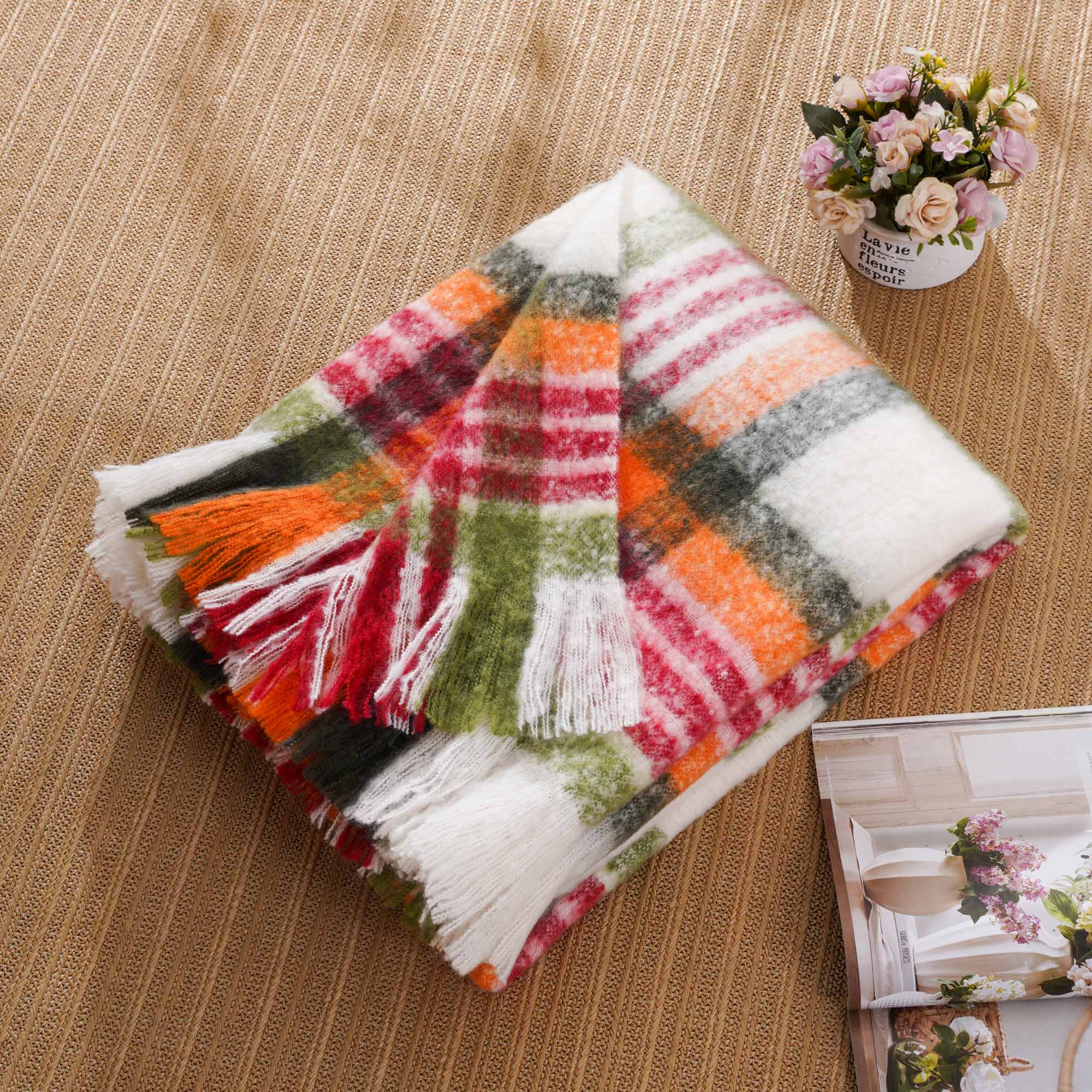 Red-Green Mohair Plaid Blanket