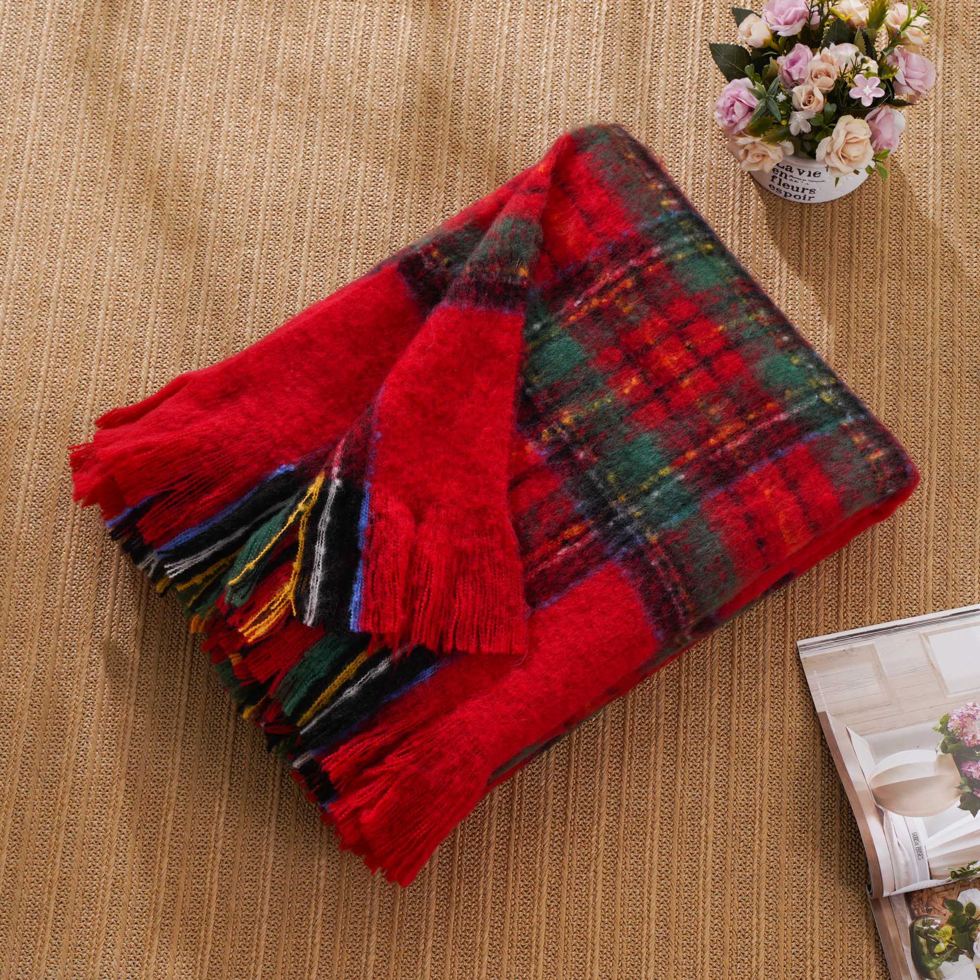 Christmas-Red Mohair Plaid Blanket