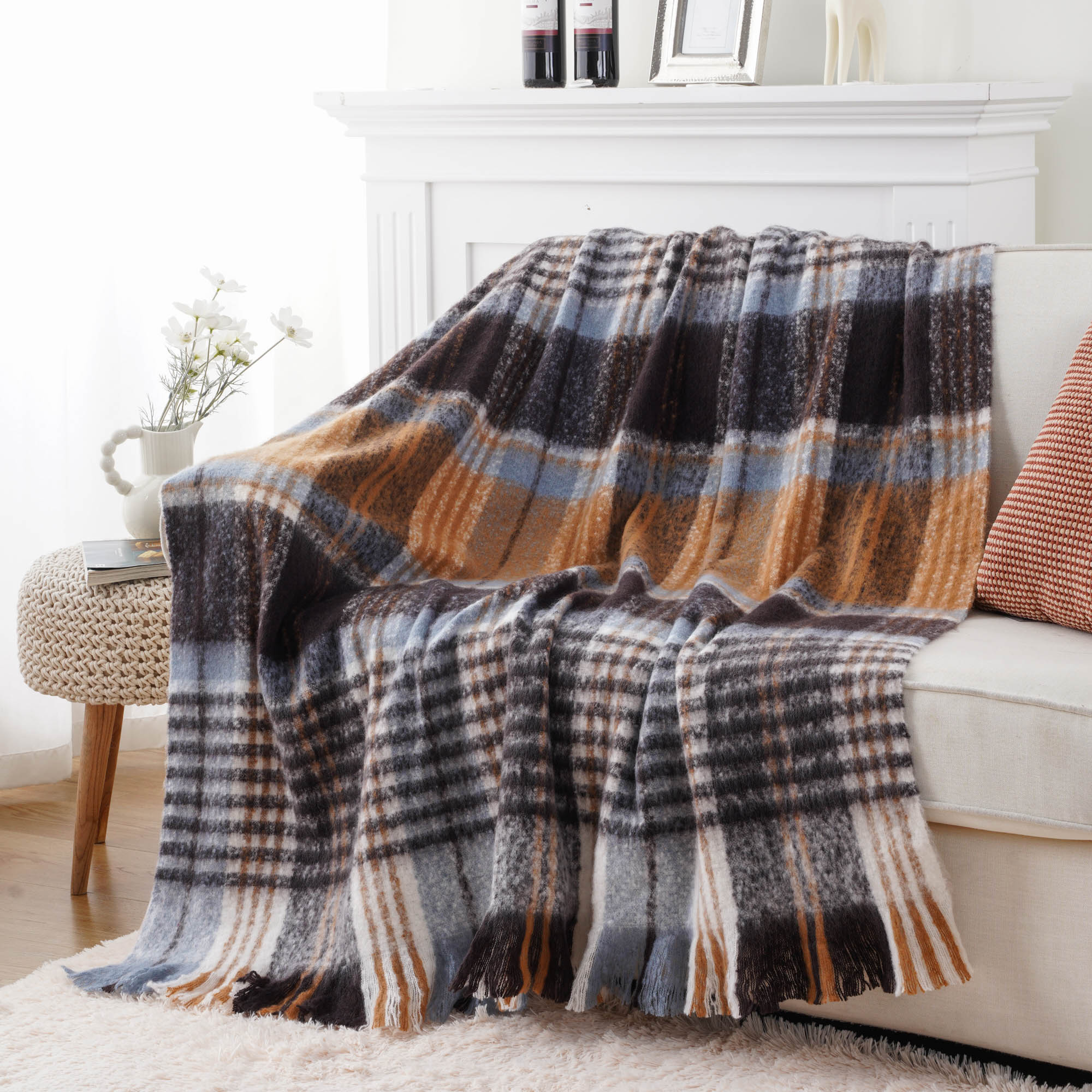 Bluish-Grey Mohair Plaid Blanket