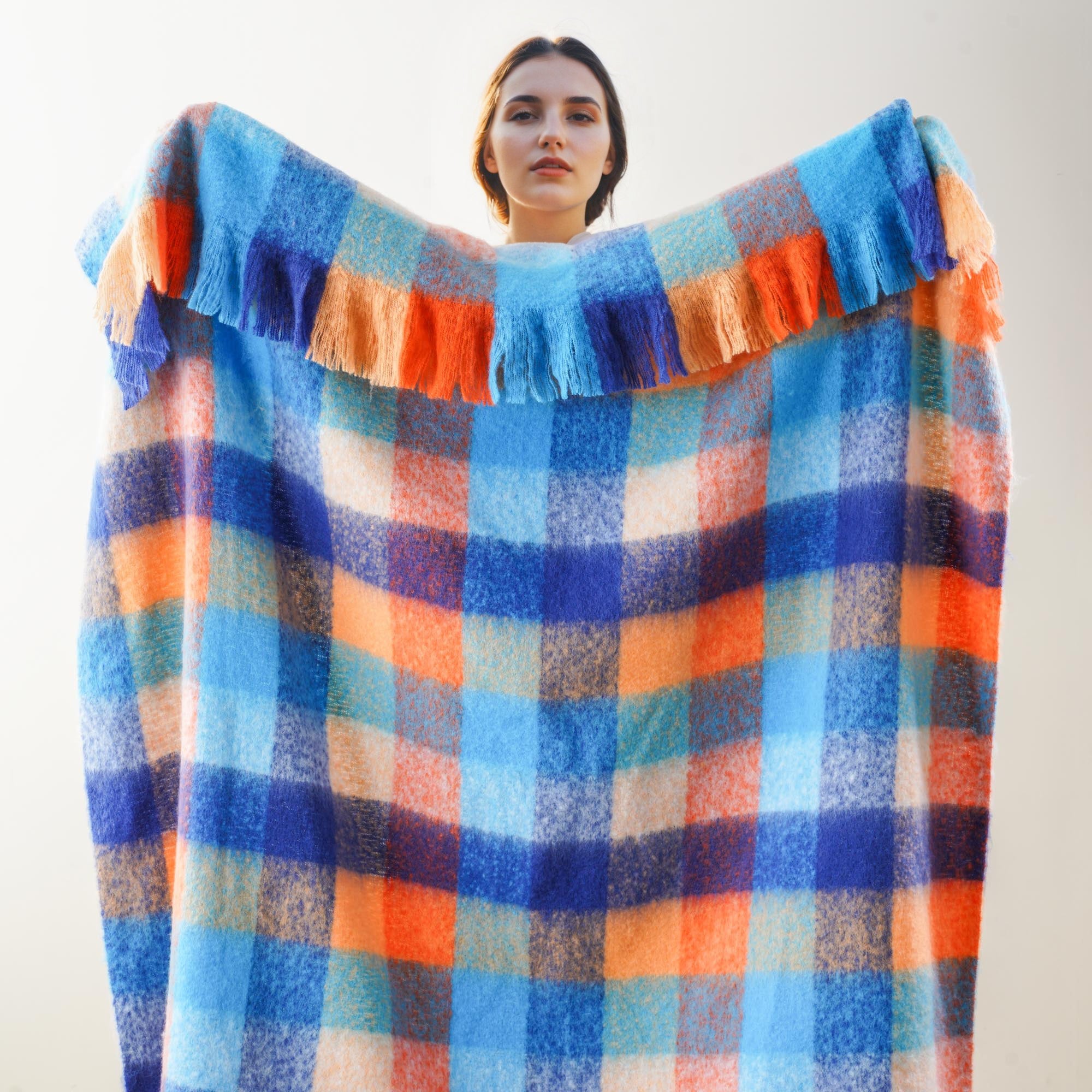 Multi-Blue Mohair Plaid Blanket