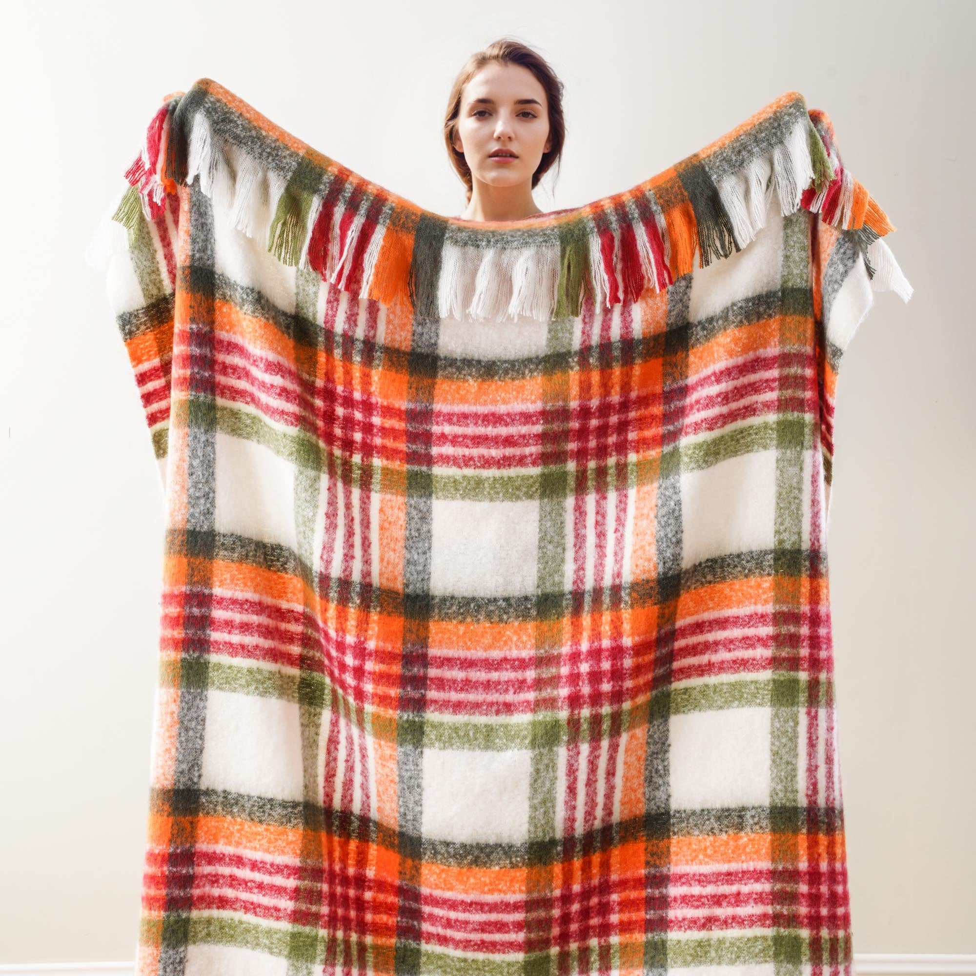 Red-Green Mohair Plaid Blanket