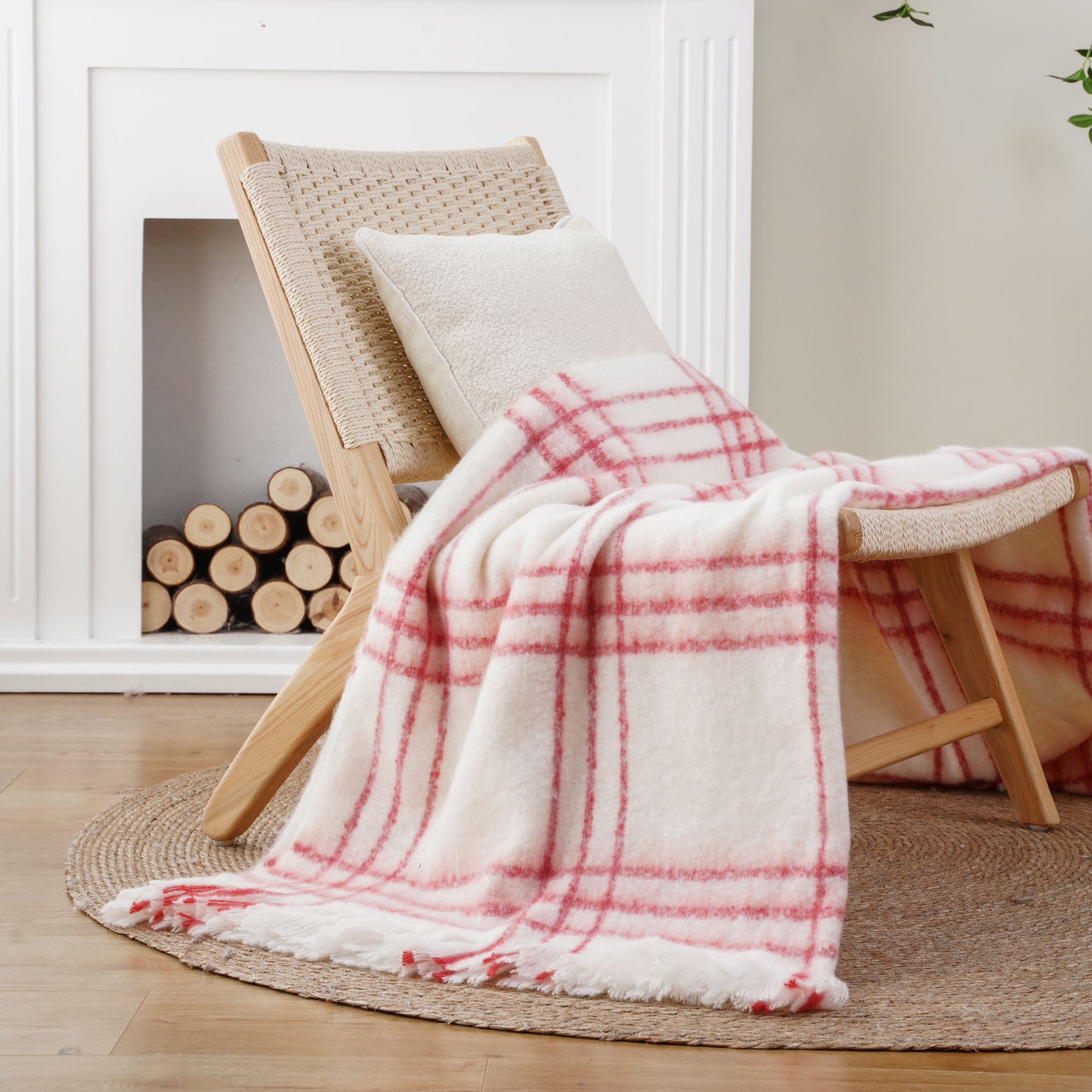 Red-Stripe Mohair Plaid Blanket