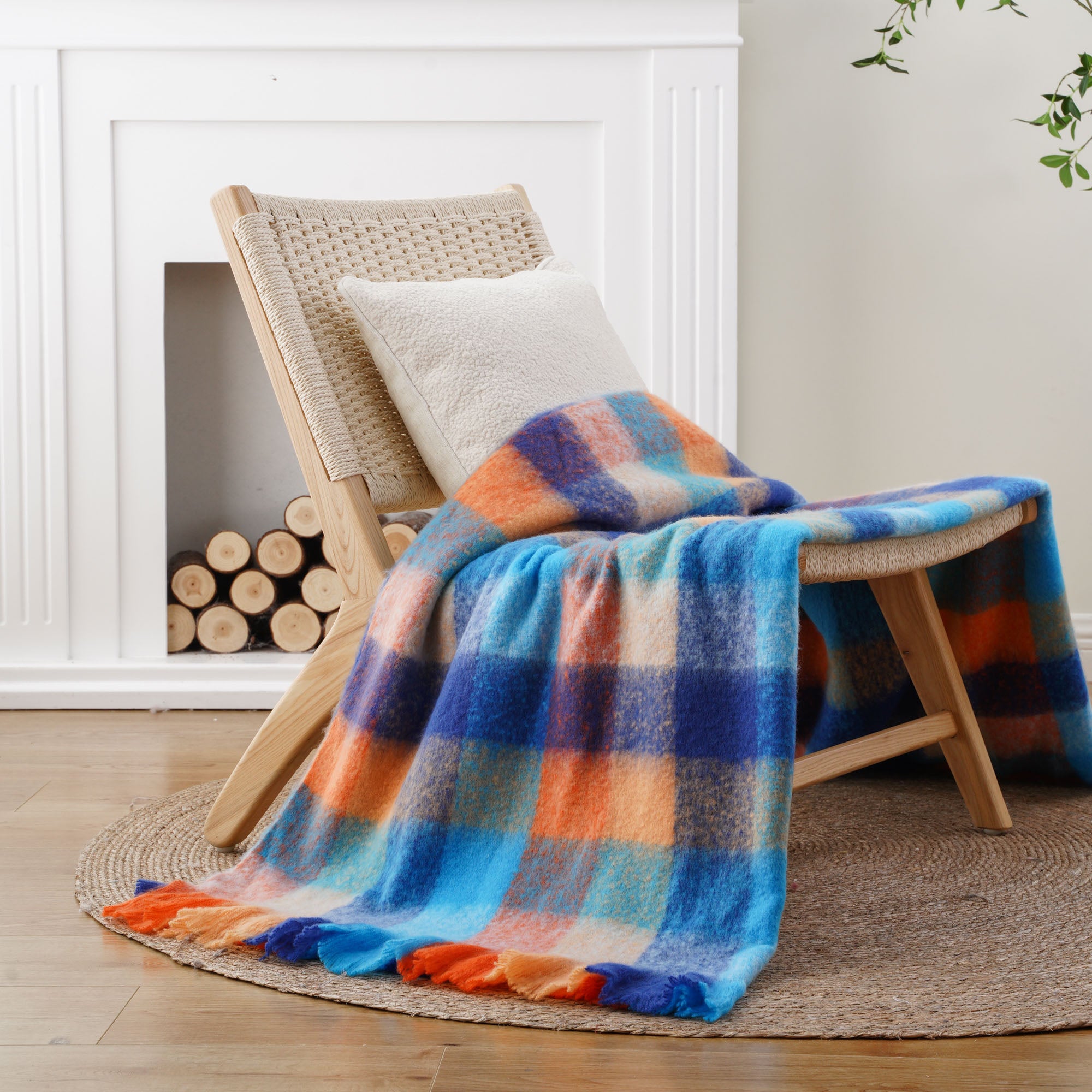 Multi-Blue Mohair Plaid Blanket