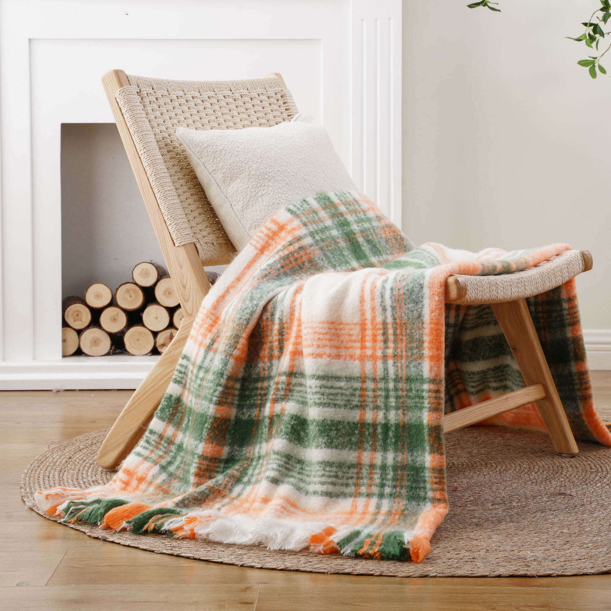 Green-Orange Mohair Plaid Blanket