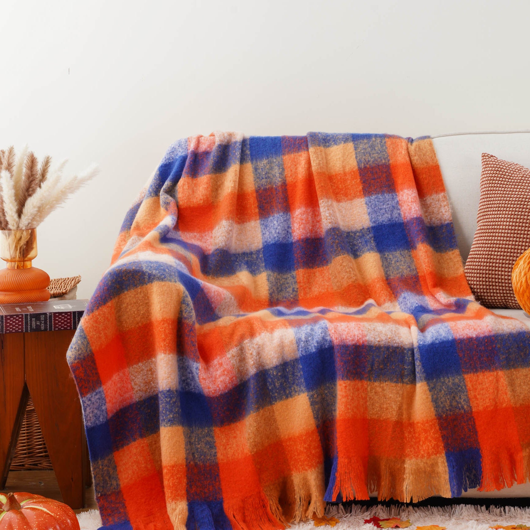 Multi-Orange Mohair Plaid Blanket