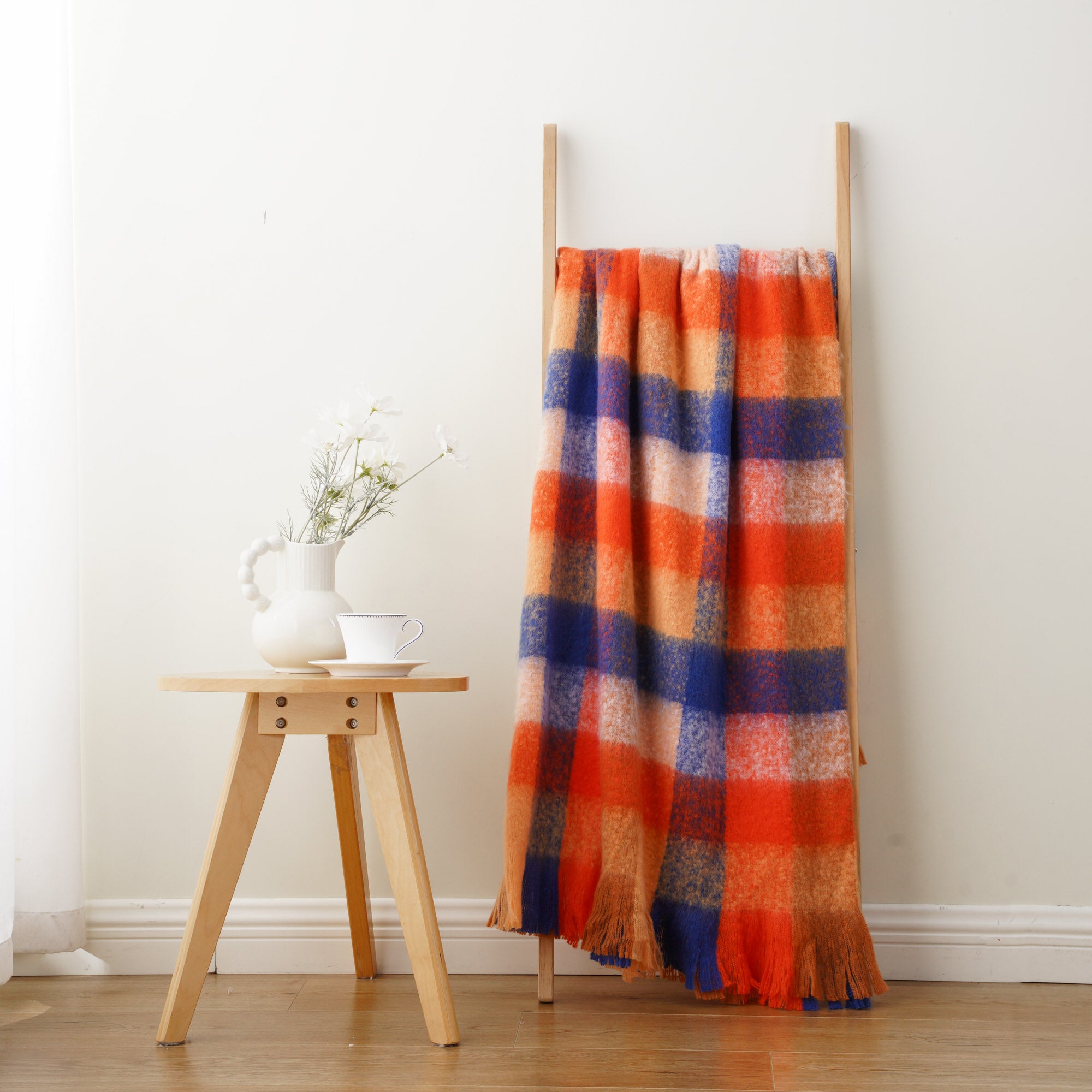 Multi-Orange Mohair Plaid Blanket