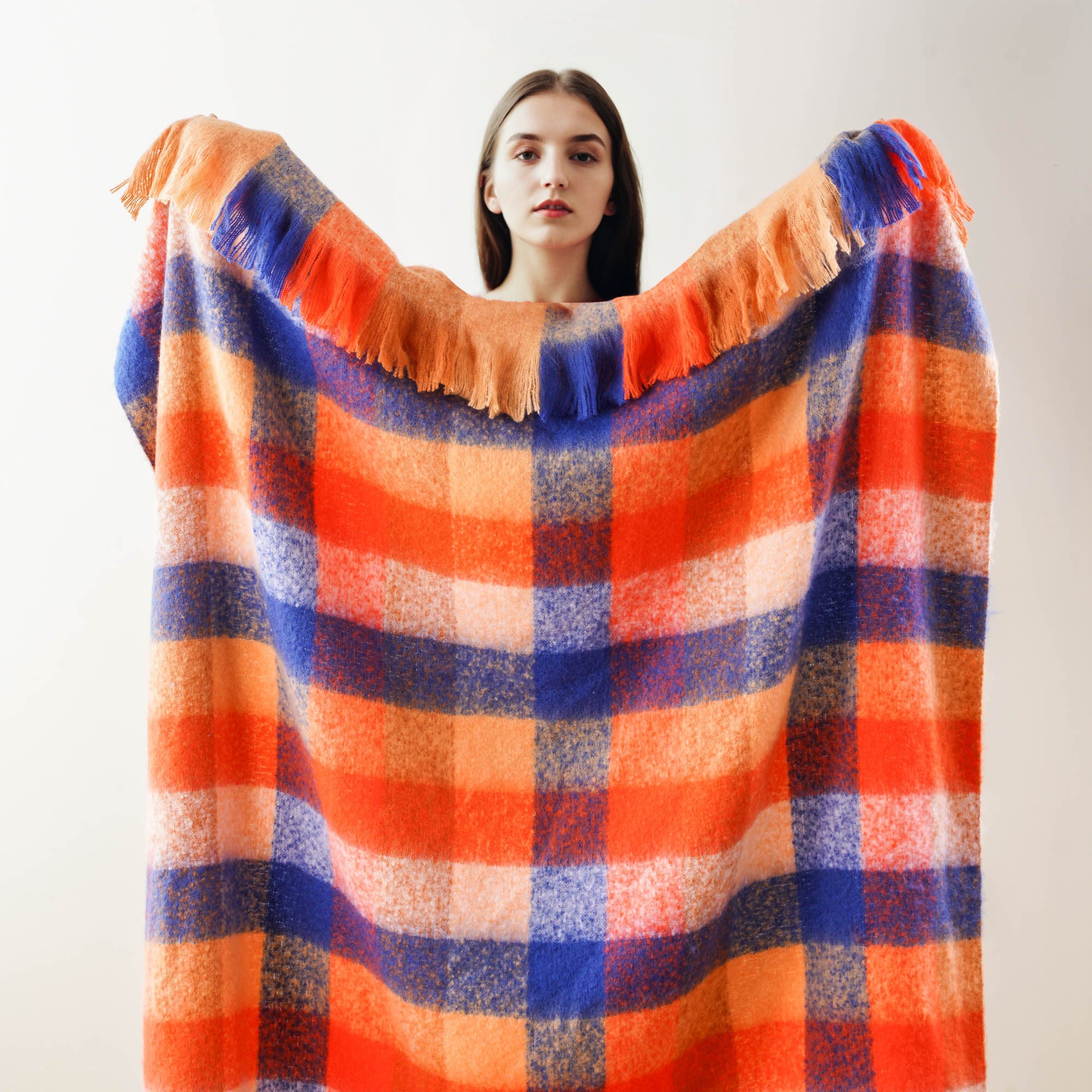 Multi-Orange Mohair Plaid Blanket