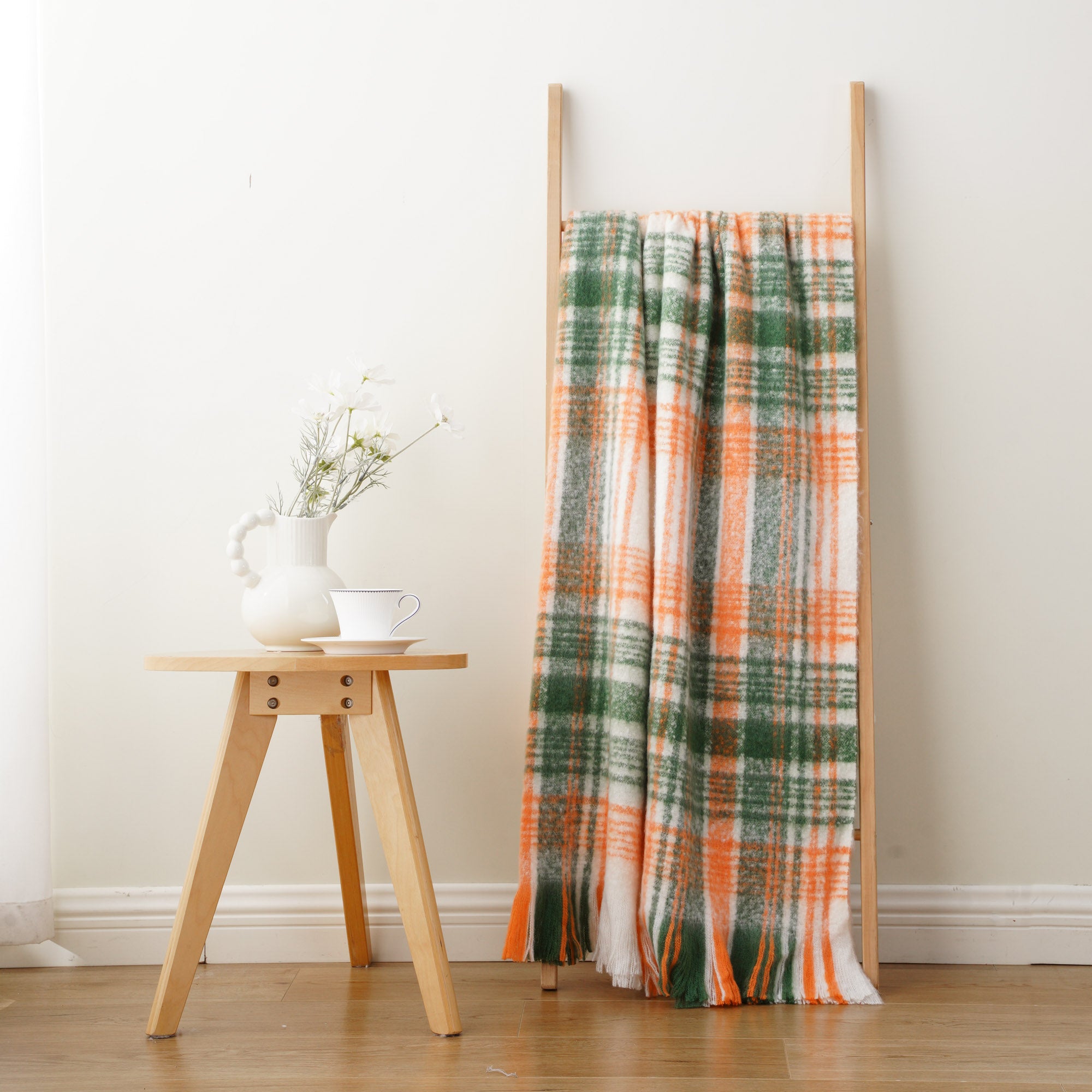 Green-Orange Mohair Plaid Blanket