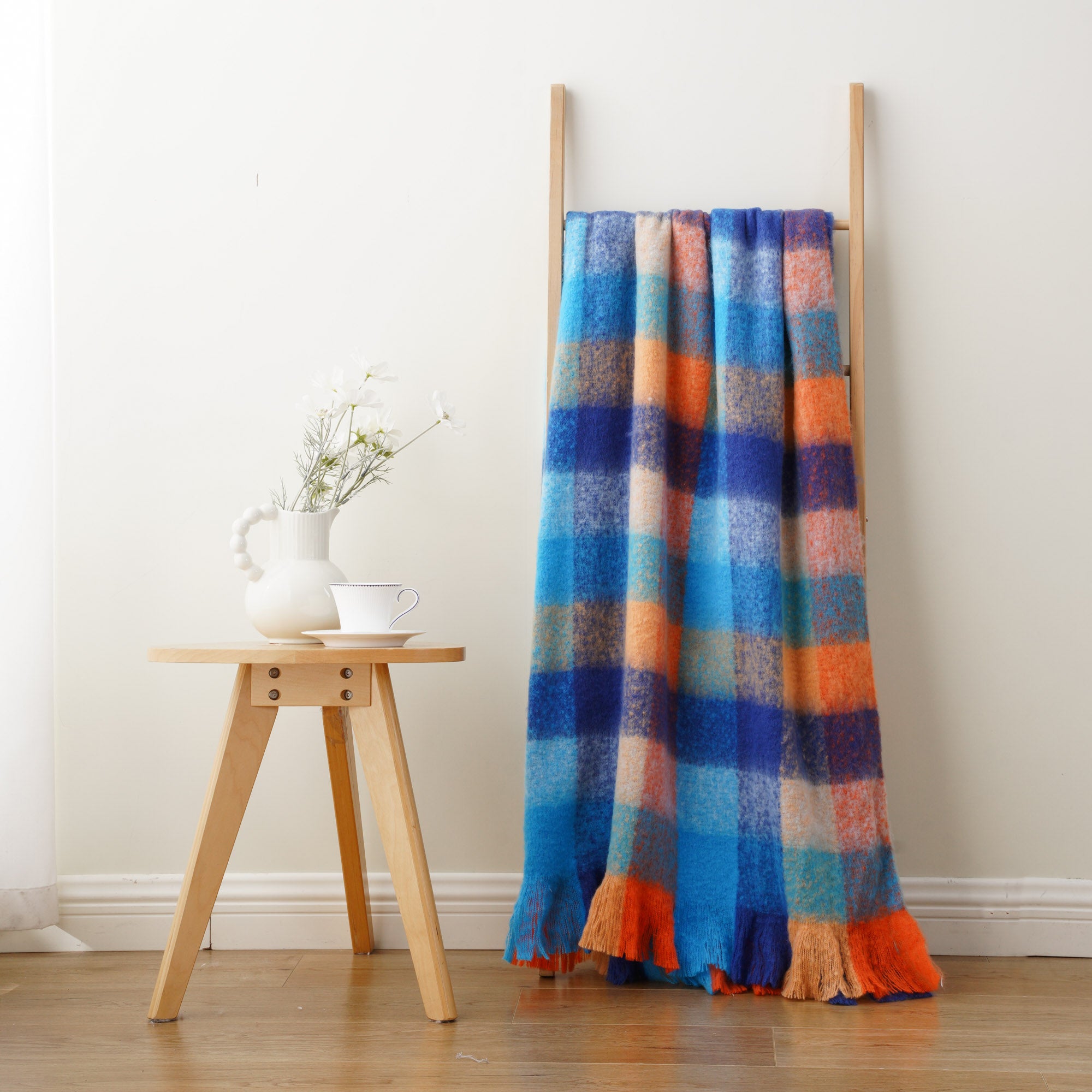 Multi-Blue Mohair Plaid Blanket