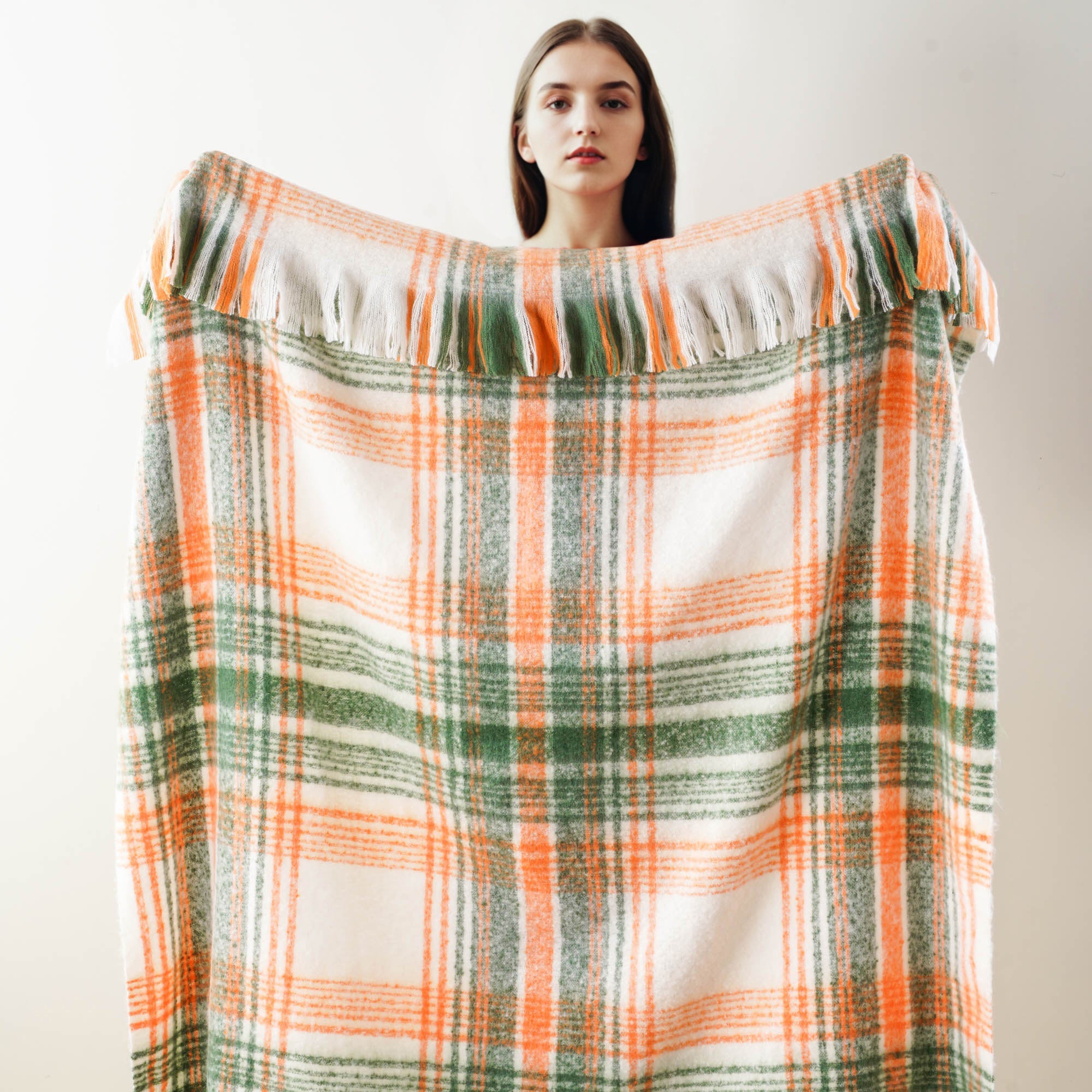 Green-Orange Mohair Plaid Blanket
