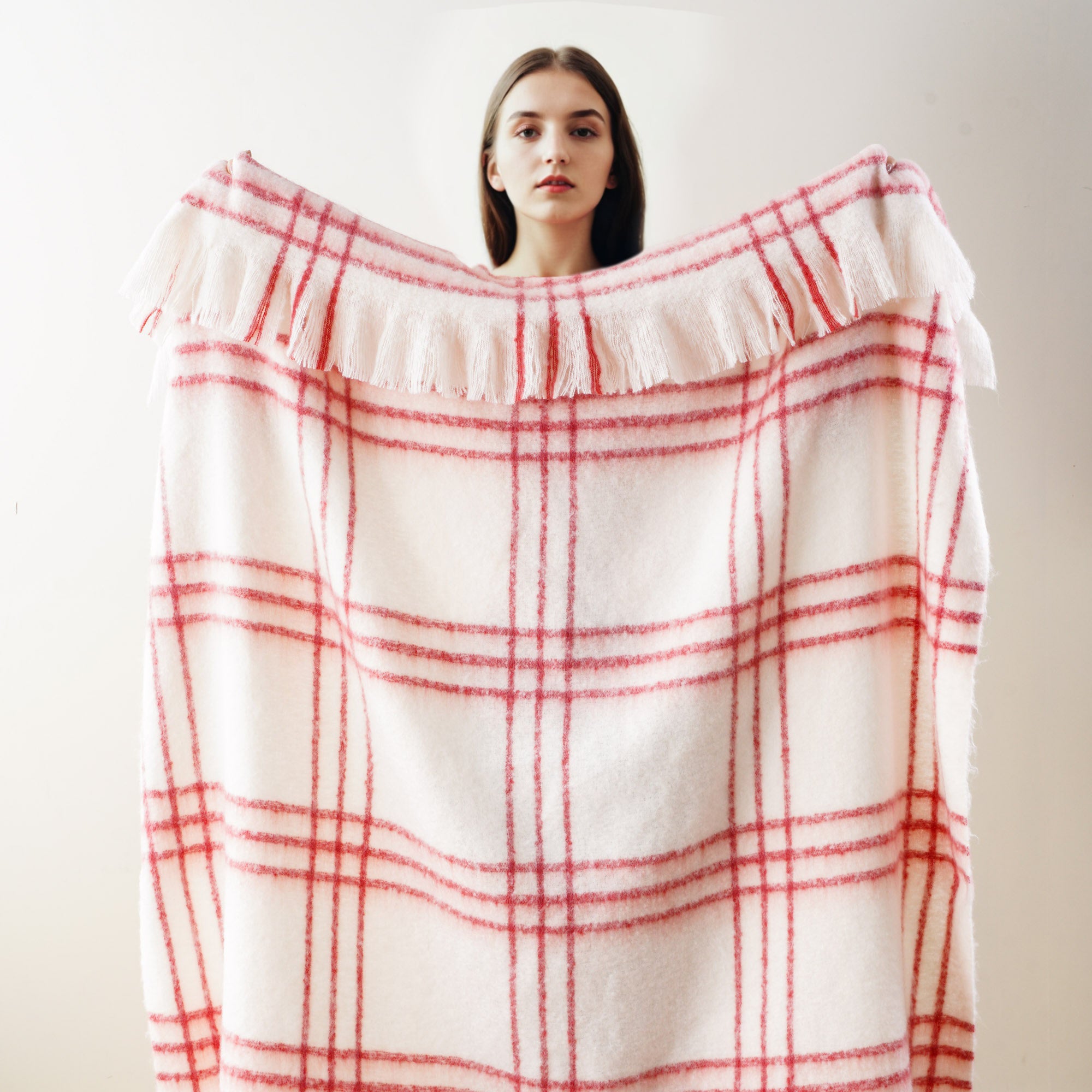 Red-Stripe Mohair Plaid Blanket