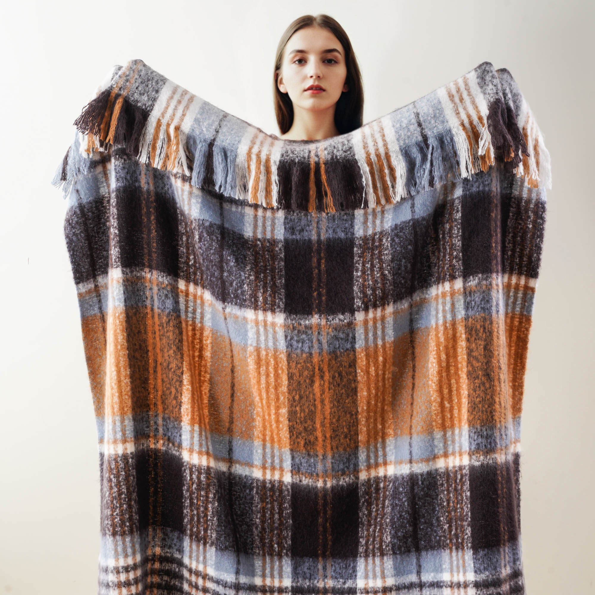 Bluish-Grey Mohair Plaid Blanket