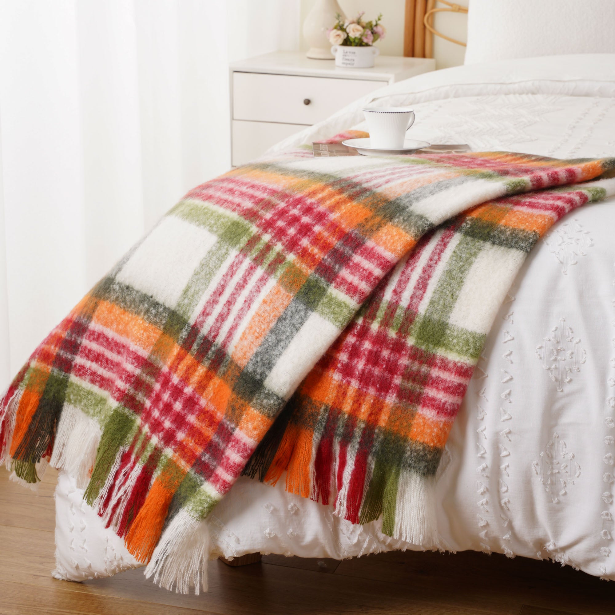 Red-Green Mohair Plaid Blanket