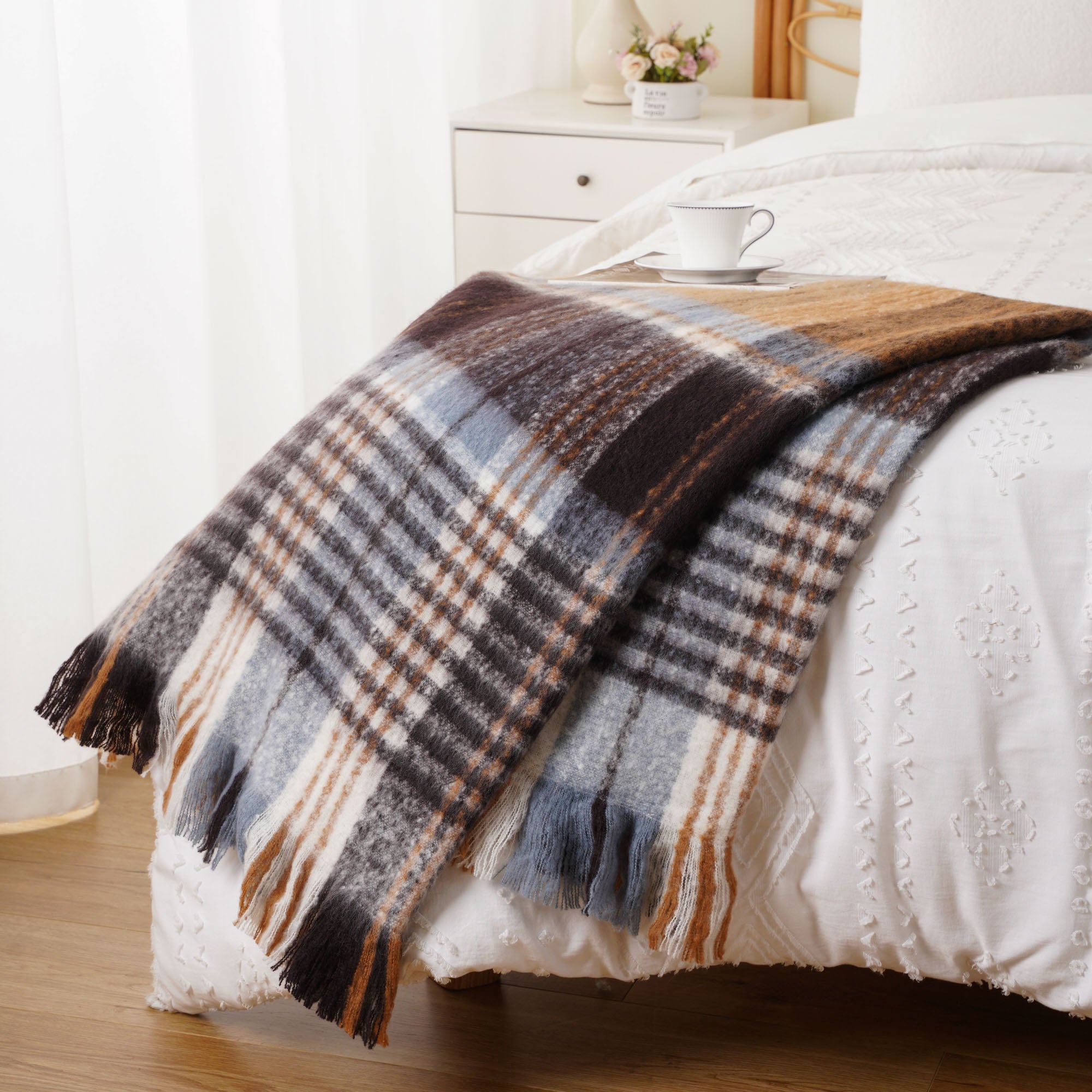 Bluish-Grey Mohair Plaid Blanket