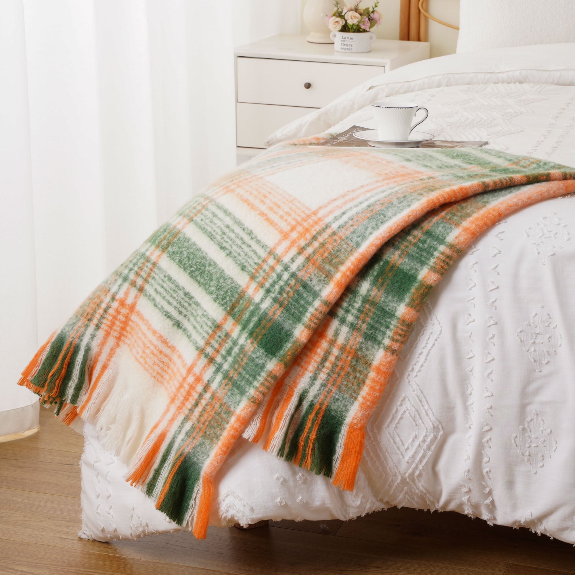 Green-Orange Mohair Plaid Blanket
