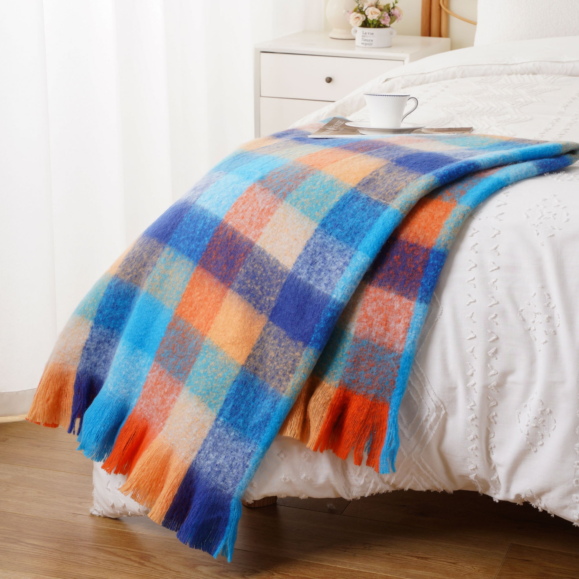 Multi-Blue Mohair Plaid Blanket