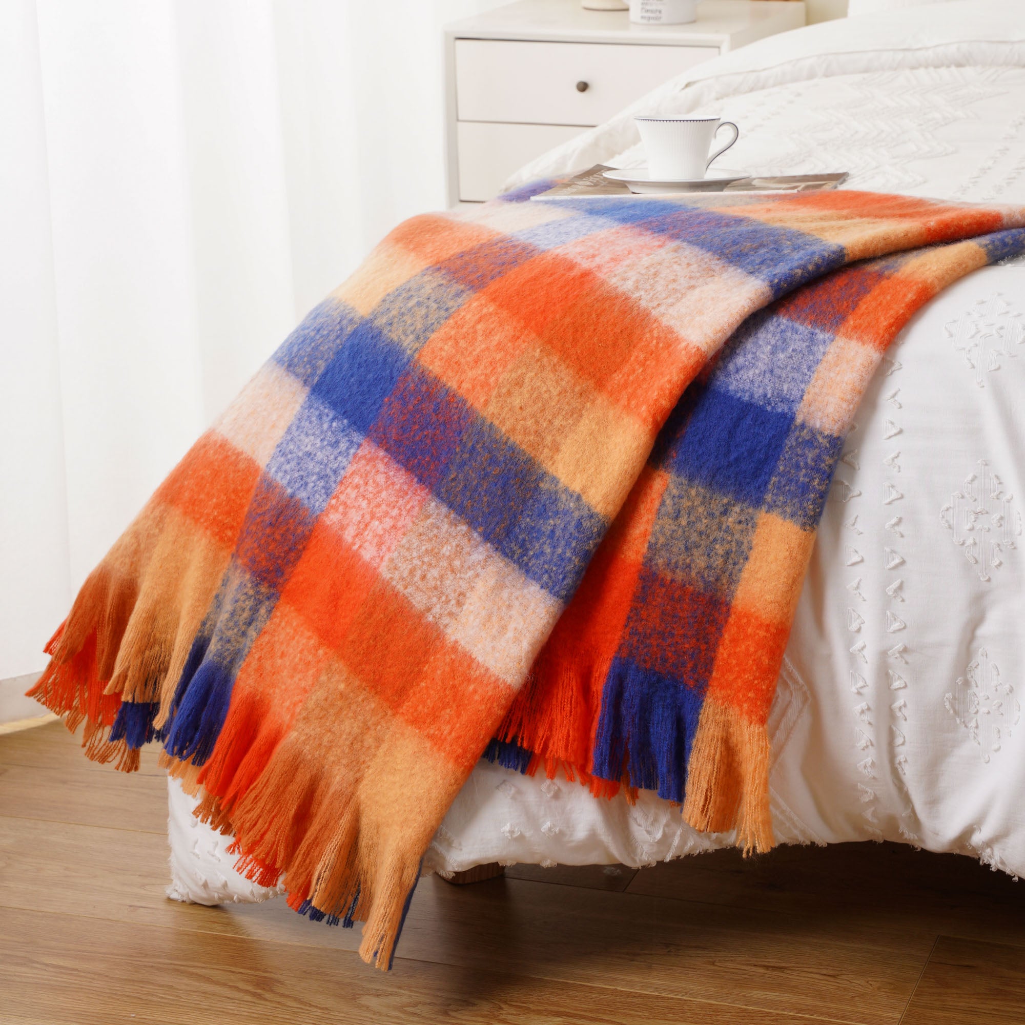 Multi-Orange Mohair Plaid Blanket