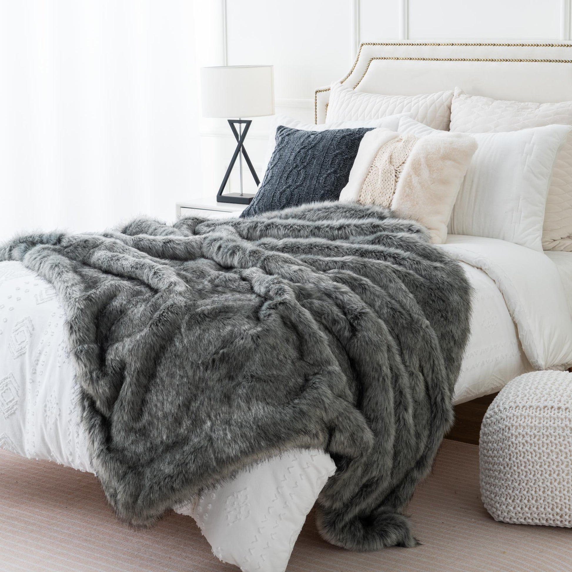 BATTILO HOME Luxury White Faux Fur Throw Blanket Long Pile with Black Tips,  51x67, Super Warm Thick Faux Fur Blanket for Couch, Bed, Fuzzy Fluffy